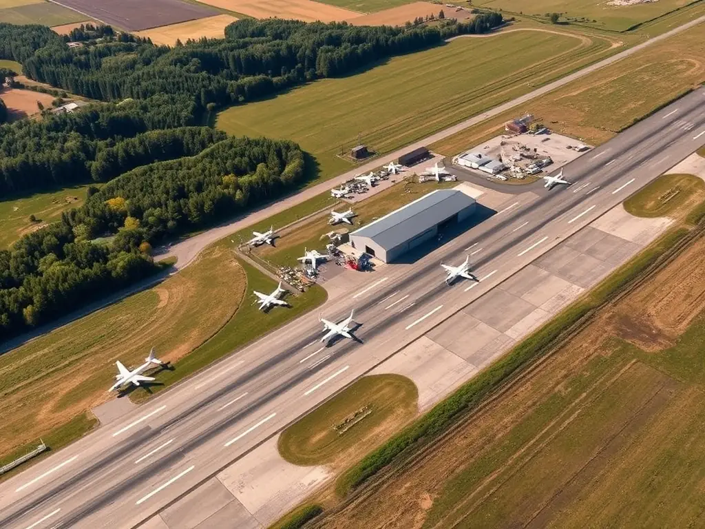 A wide aerial shot of the Falaise Monts d'Eraines aerodrome, showcasing the runway, hangars, and surrounding landscape. The image should convey a sense of activity and importance, with aircraft visible on the ground.