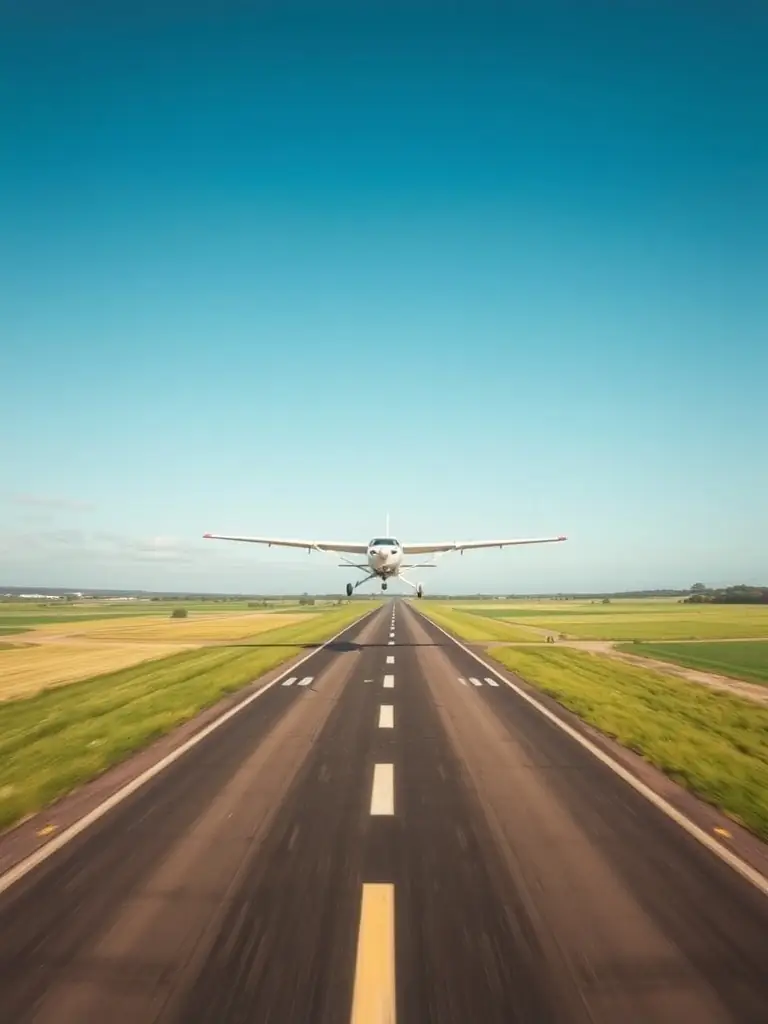 A high-angle photograph of the Falaise aerodrome, showcasing the runway and surrounding green fields, with a small airplane taking off in the distance, symbolizing the start of aviation activities.