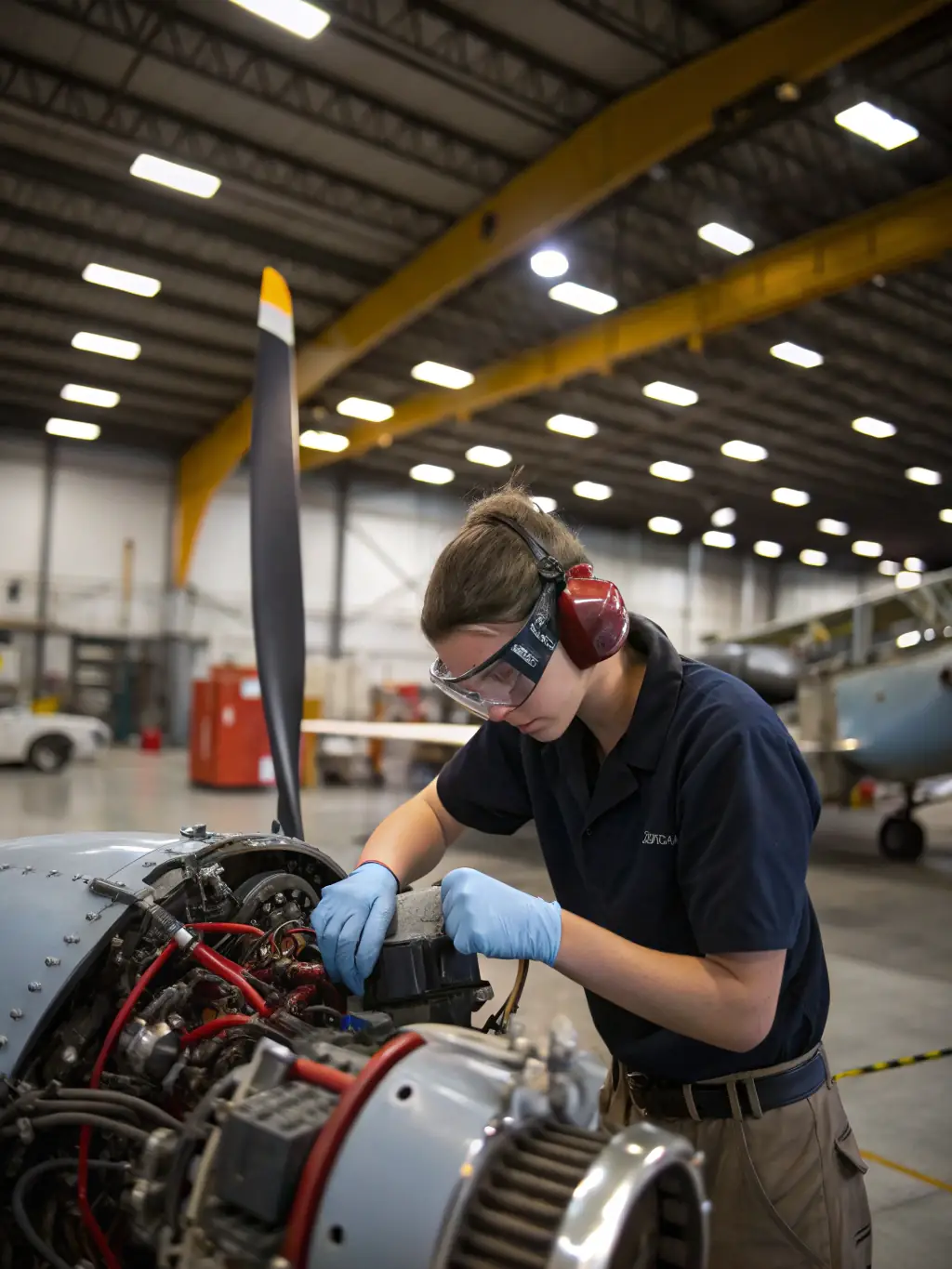 A group of young people participating in an aviation workshop, learning about the principles of flight and aircraft mechanics, with instructors guiding them through hands-on activities.