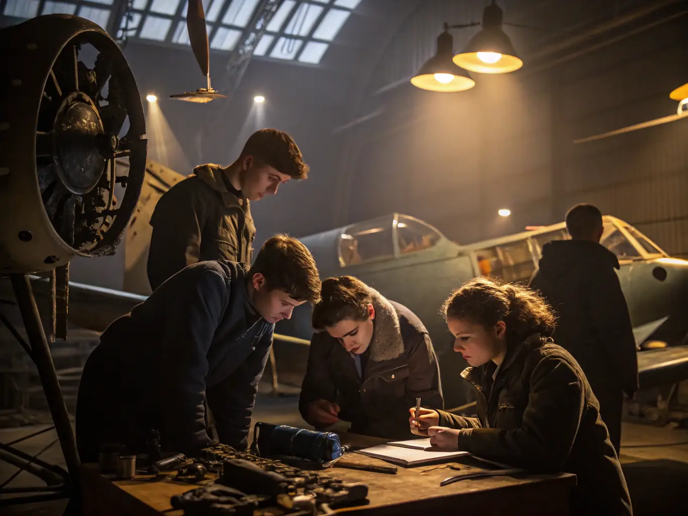 A group of students participating in an aviation education program, with instructors demonstrating aircraft mechanics. The image should highlight the educational aspect and the hands-on learning experience.