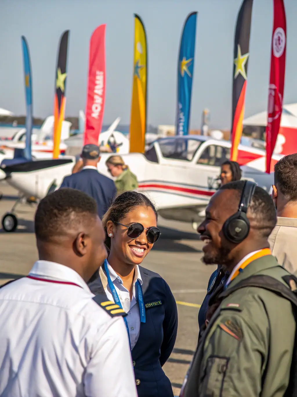 A community event at the aerodrome, with families enjoying aircraft displays, food stalls, and aviation-themed activities, creating a vibrant and engaging atmosphere.